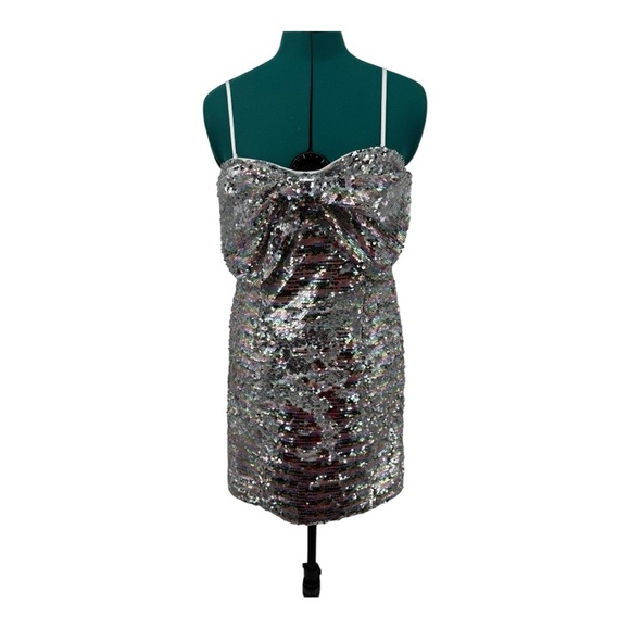 Avec Les Filles Silver Rainbow Bow Embellished Strapless Sequin Mini Dress - Picture 5 of 11